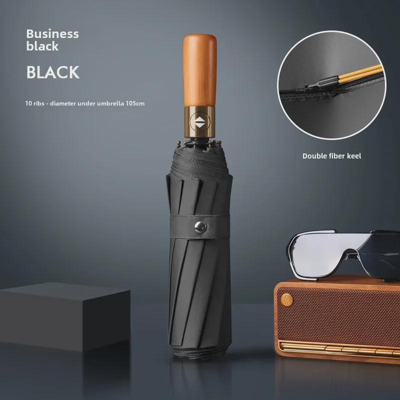 Automatický skládací deštník s 24 žebry: Odolný proti větru, Dřevěná rukojeť, Slunce a déšť, Černý, Unisex