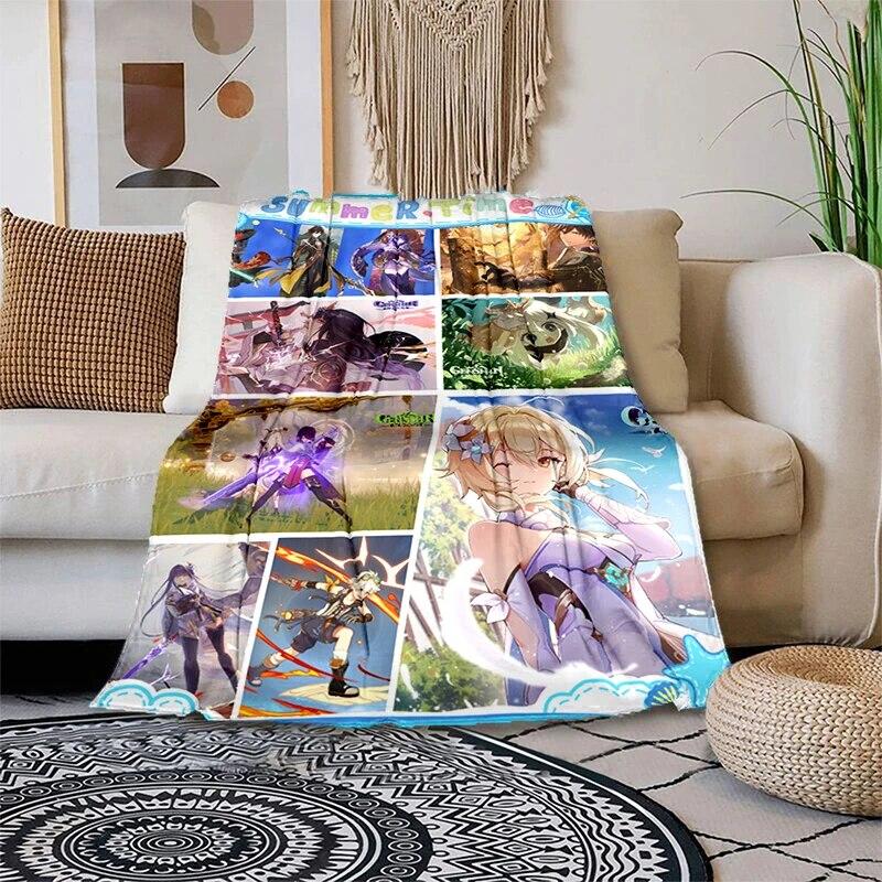 Genshin Impact Měkká plyšová rozkládací pohovka házecí kreslený moderní flanelový povlak na deku Gedruckt Bettdecke Geschenk piknikové deky