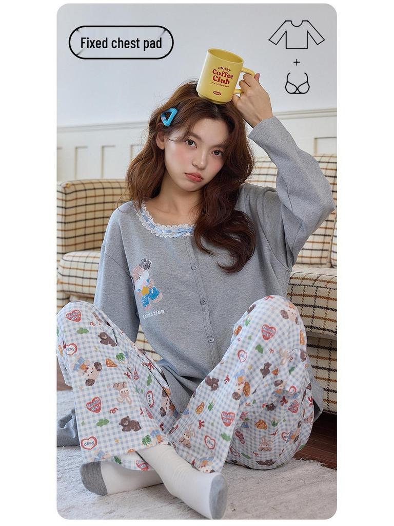 2025 Women's Pure Cotton Pajama Set - Long Sleeve & Pants, with Breast Pads, Loose Home Wear, Spring/Autumn Two-Piece.
