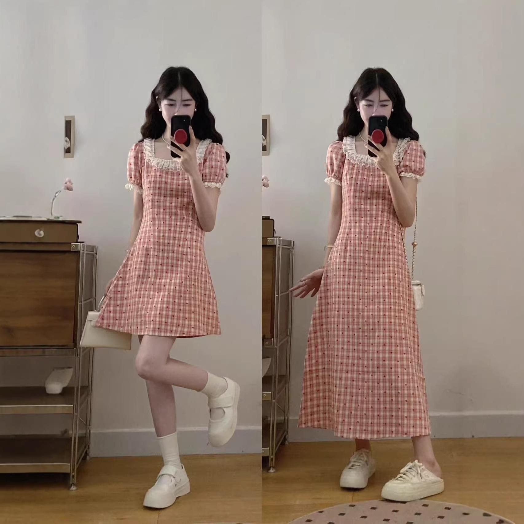 

Plus Size Retro French Red Plaid Lace Heart Print Slimming Summer Dress XXL