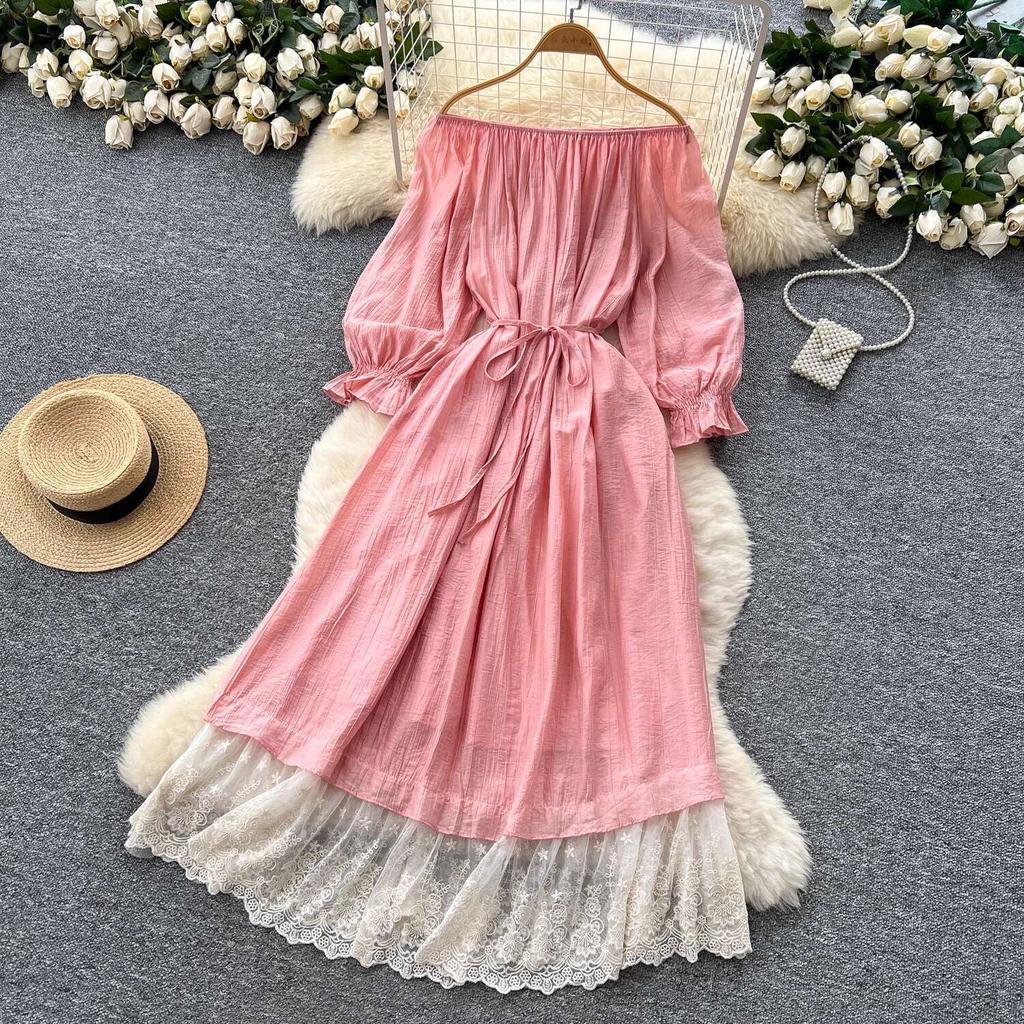 Dolce Abito da Donna Aderente A-line Scollo Bardot Maniche a Lanterna Vita con Fascia Raccoglitore Pizzo Giuntato Abito Lungo
