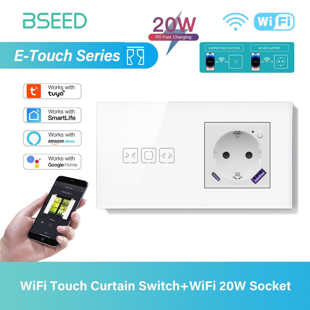 BSEED Tuya WIFI Curtain Switch Smart Touch Curtain Switches Glass Frame Tuya APP Switch EU Wall Sockets with USB-C for Villa Ho