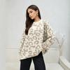 Women's Autumn and Winter Leopard Print Jacquard Crew Neck Knitted Sweater Loose Shoulder Lantern Sleeve Casual Pullover