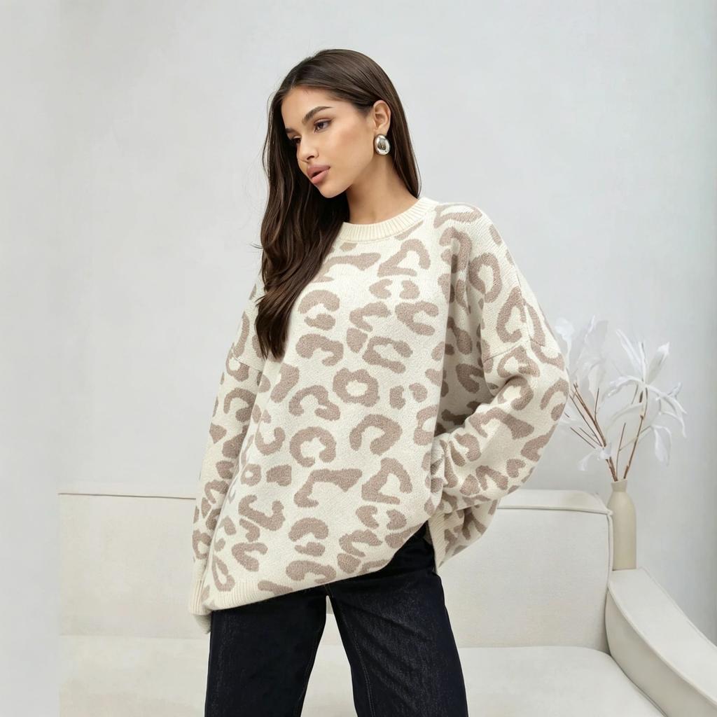 Women's Autumn and Winter Leopard Print Jacquard Crew Neck Knitted Sweater Loose Shoulder Lantern Sleeve Casual Pullover