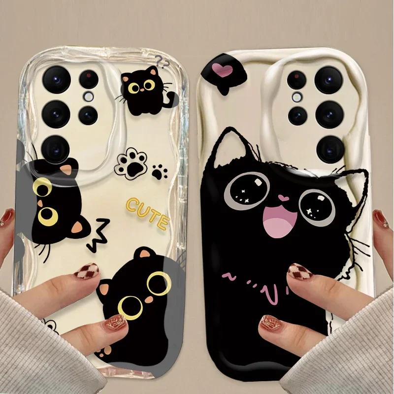 Cartoon Big Eyes Black Cat Case for Samsung Galaxy S25 S24 Ultra S23 S22 S21 S20 Plus FE A56 A36 A26 A17 A07 Soft Silicone Etui