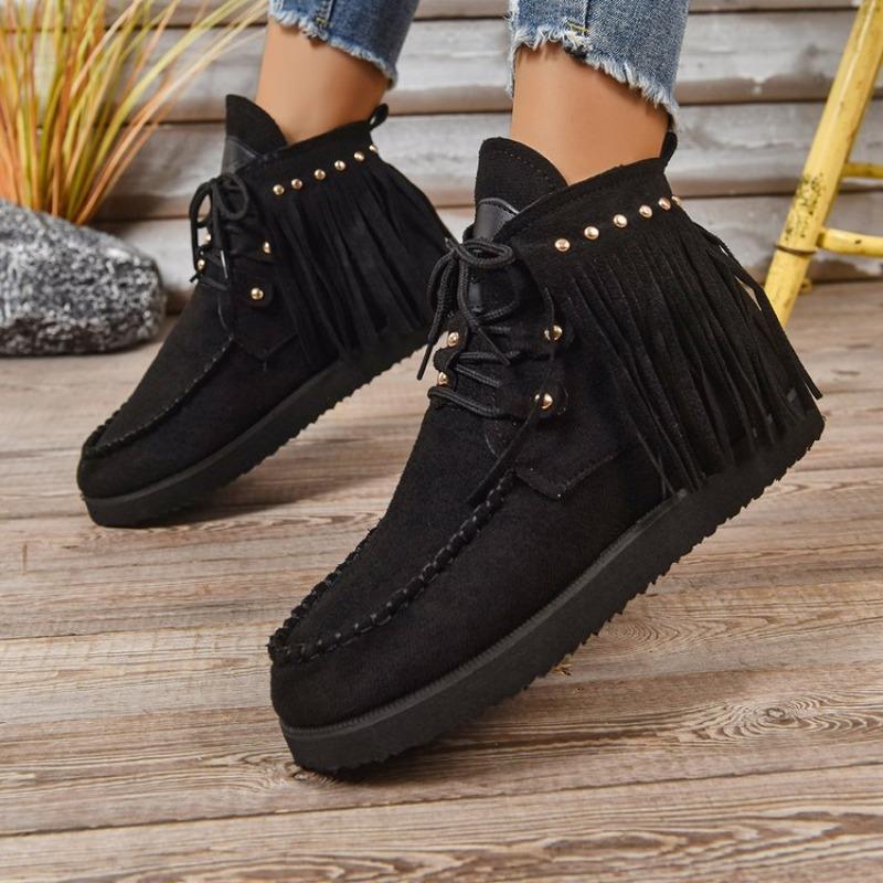 Women's Plus Size Lace-Up Ankle Tassel Boots New Autumn/Winter Style Roman-Inspired Versatile Flat Ankle Boots