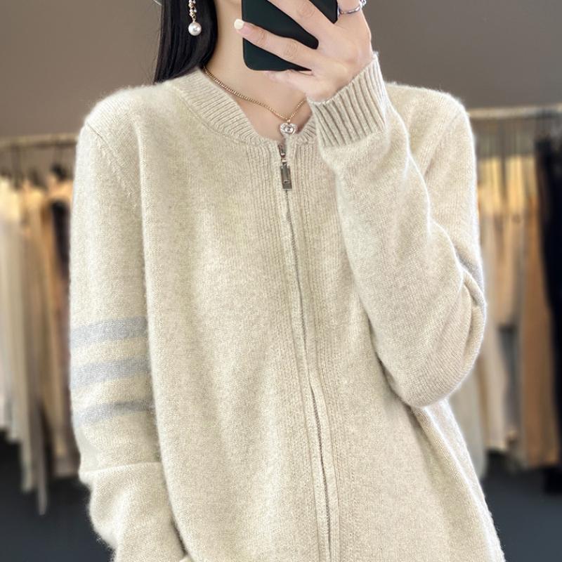 Women's Wool Round Neck Cardigan Spring and Autumn Casual Loose Zipper Knitted Color Block Long-sleeved Wool Jacket Top
