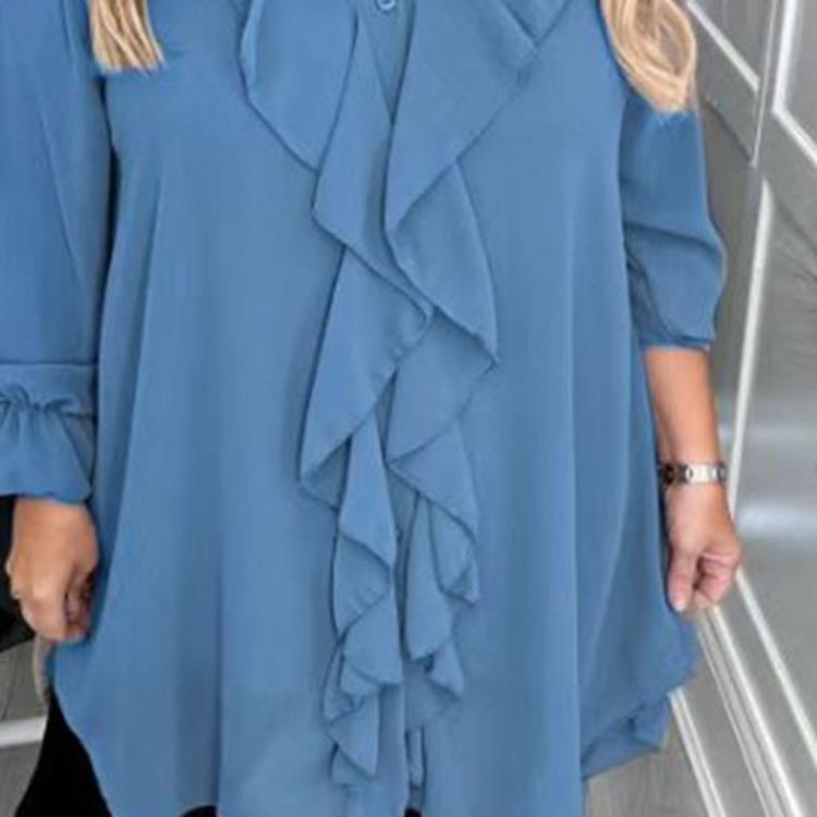V Neck Casual Shirt for Women Long Sleeve Solid Color Loose Fit Ruffle Trim