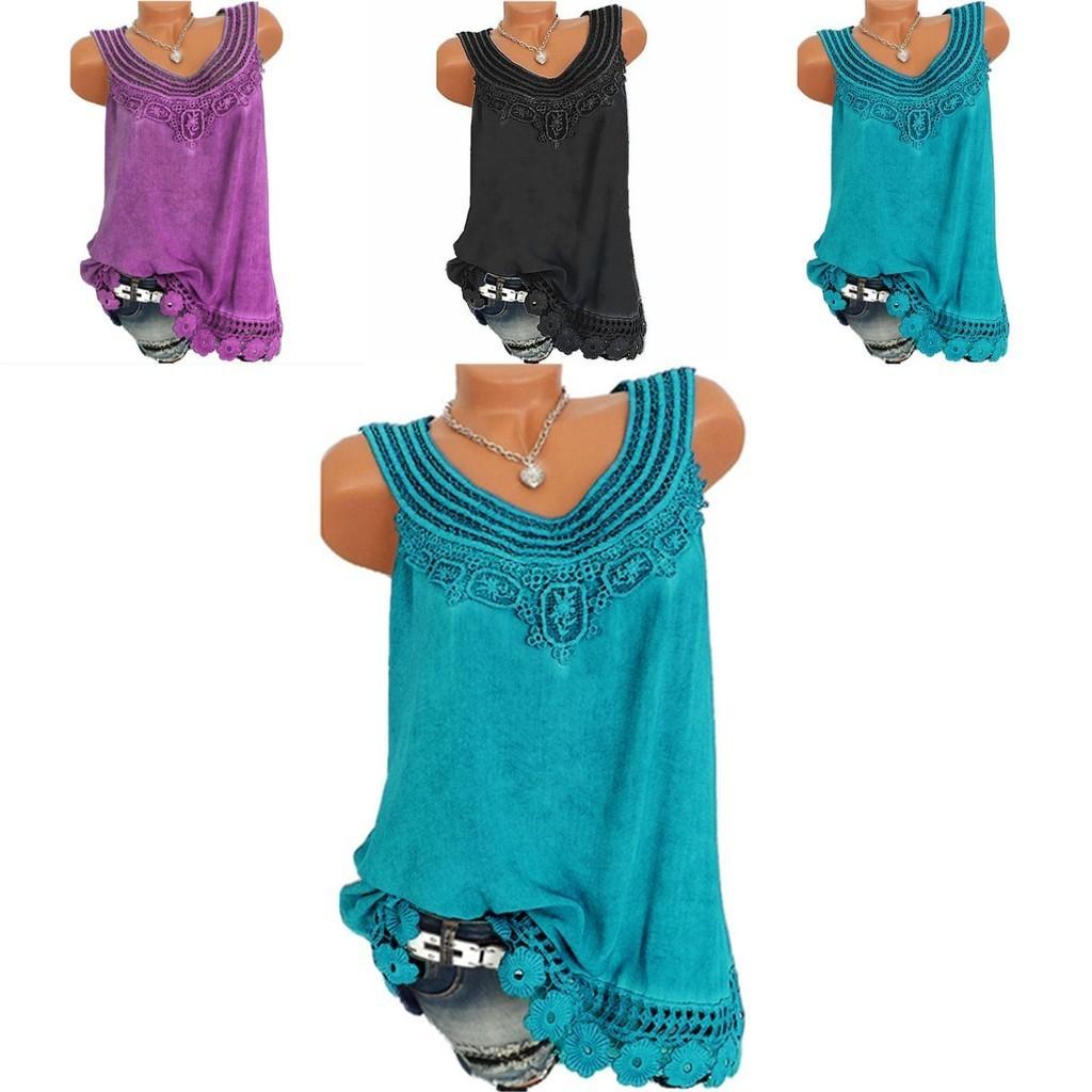 Women's Loose Sleeveless Vest T-shirt Blouse With Elegant Boho Lace Design In Plus Sizes