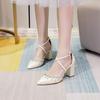 Fashion Women White Princess High Heels Pointed Toe Chunky Heel Cross Strap Lace Up Wedding Shoes Hollow Out Design Large Size