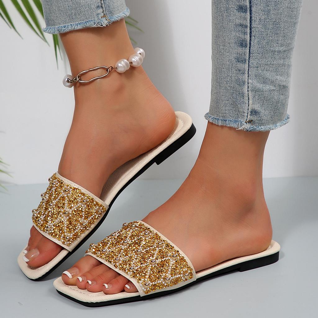 [Foreign trade] Foreign trade flat-bottomed slippers women's pearl rhinestone outer wear square head sandals