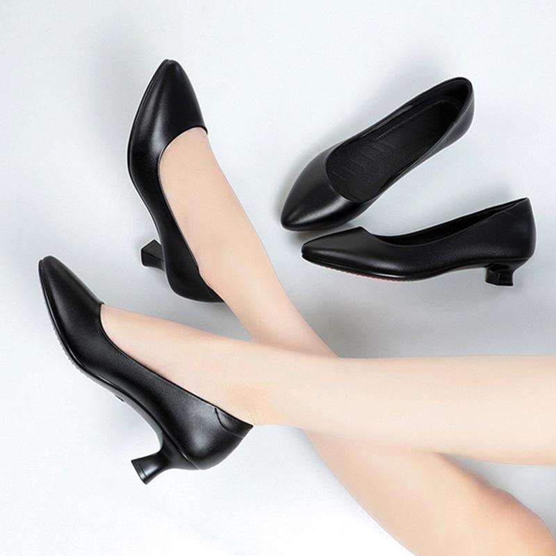 Spring Autumn High Heel Single Shoes Women's Low Heel Fashion Pointed Shoes Thick Casual Soft Leather Low Heel Work Shoes