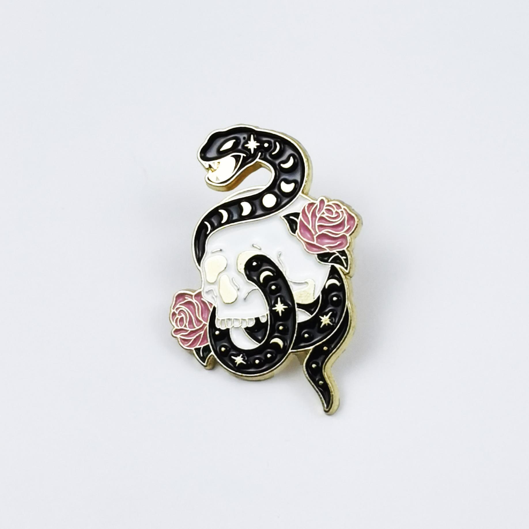 Gothic Snake Brooch: Halloween Skull & Moon Metal Badge