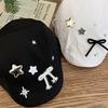 Star bow black forward hat retro versatile big head circumference beret showing face small painter hat tide