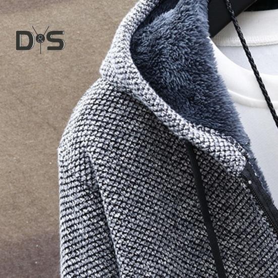 Winter Men Jacket Thickened Fleece Hooded Drawstring Zip-up Long Sleeves Sweater Coat Pockets Elastic Cuff Retro Knitted Daily Wear Outerwear Jacket