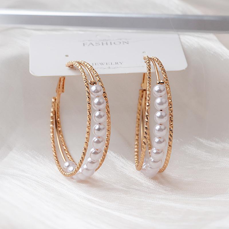 Exaggerated Pearl Big Hoop Earrings Hollow Heart Round Multi-layers Geometric Statement Metal Loop Earrings Oversize Earrings