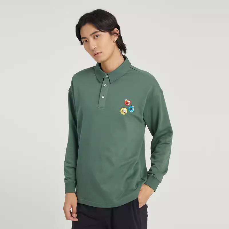 Adidas Neo Pattern Embroidery Logo Print Collar Long Sleeve Polo Shirt Unisex Tops Green HM9951