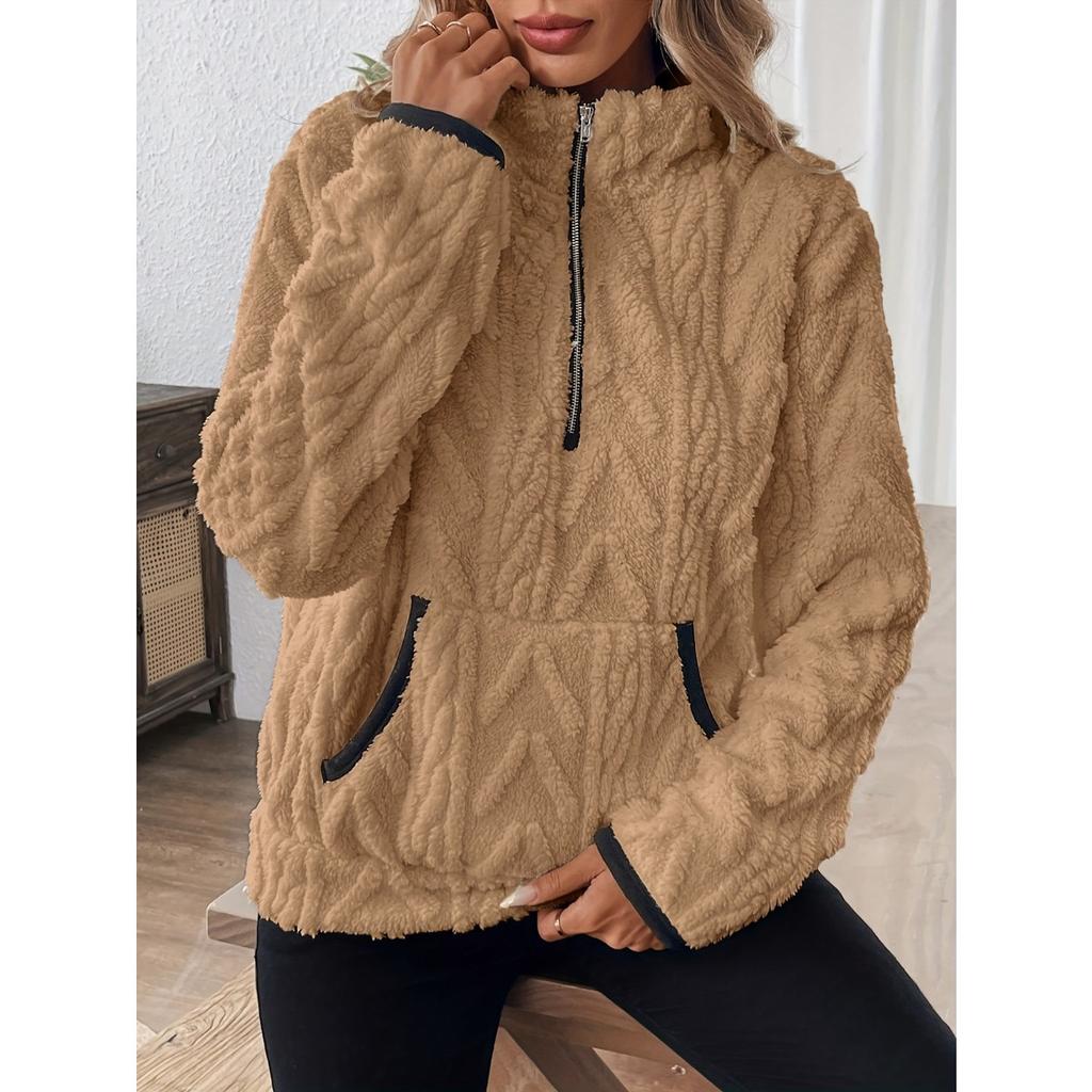 Podzimní a zimní nový styl klopa malý voňavý žakárový poloviční zip plyšová kapsa krátká mikina