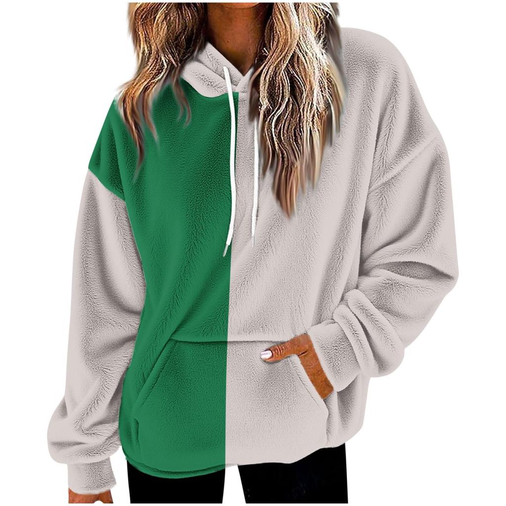 Unisex Color Block Hoodie with Pockets - Long Sleeve Flannel Pullover