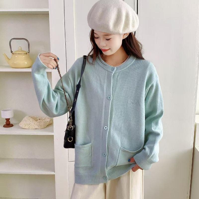 Autumn and Winter New Casual Loose Embroidered Crew Neck Cardigan Versatile Soft Waxy Single-breasted Sweater Women's Coat