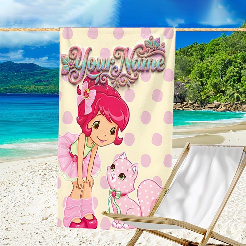 1pc Princess Strawberry Beach Towel with Custom Name, Beach and Seaside Swimming Pool Equipment, Fashion Pattern, Rectangular, Travel Essential