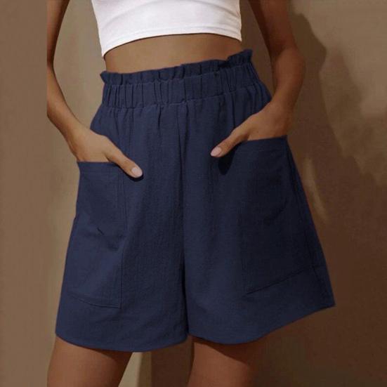 Women Shorts Elastic Knee Length Shirring Loose Side Pockets High Waist Straight Above Soft Solid