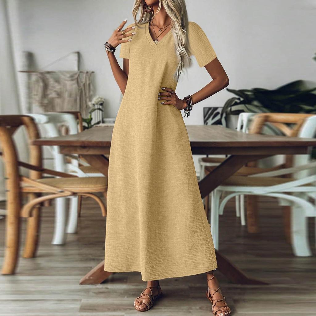 Women's Fashion V-Neck Short Sleeve Solid Color Zipper Casual Vacation Long Dress Cotton Linen Dresses