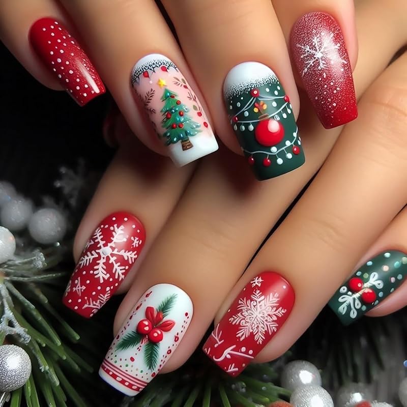 Christmas Press On Nails Medium Square Fake Nails with Gold Snowflake Christmas Tree Designs Xmas Red False Nail Acrylic Winter Snow Stick On Nail