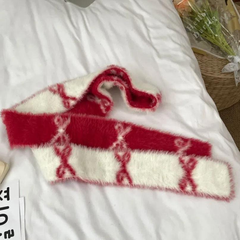 

Warmer Y2k Double-sided Scarf Slender Color Blocked Neck Cover Bow Knitted Neckerchief Winter Style1