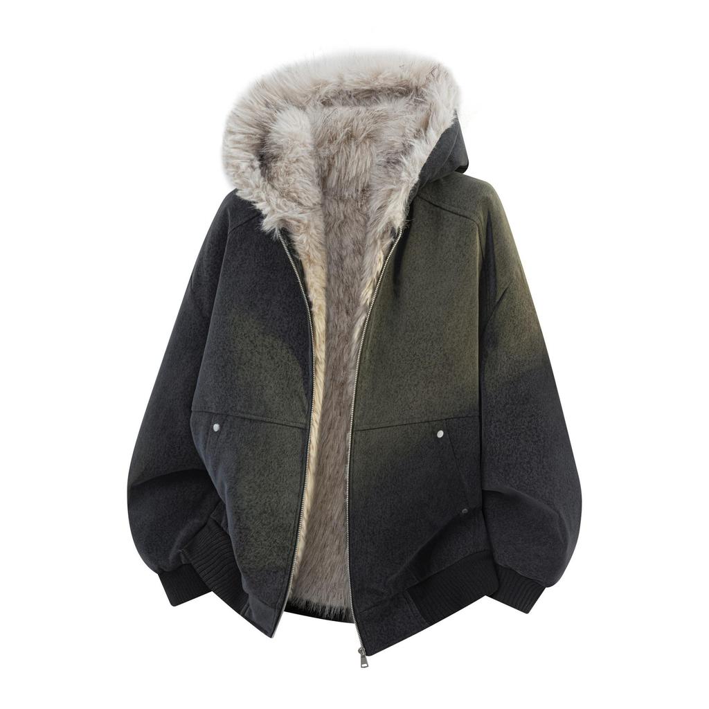 Unisex American Style Mountain Eagle Fur Collar Hooded Winter Coat - Thick Velvet Lined for Warmth and Cold Protection