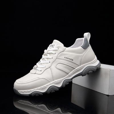 Men's Genuine Leather Breathable Casual White Sneakers with Foam Light Sole