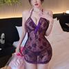 New Sexy Lace Mesh Flower Print Transparent Dress Backless Deep V Suspenders Sleeveless Wrap Hip Dress Charming Pure Desire 