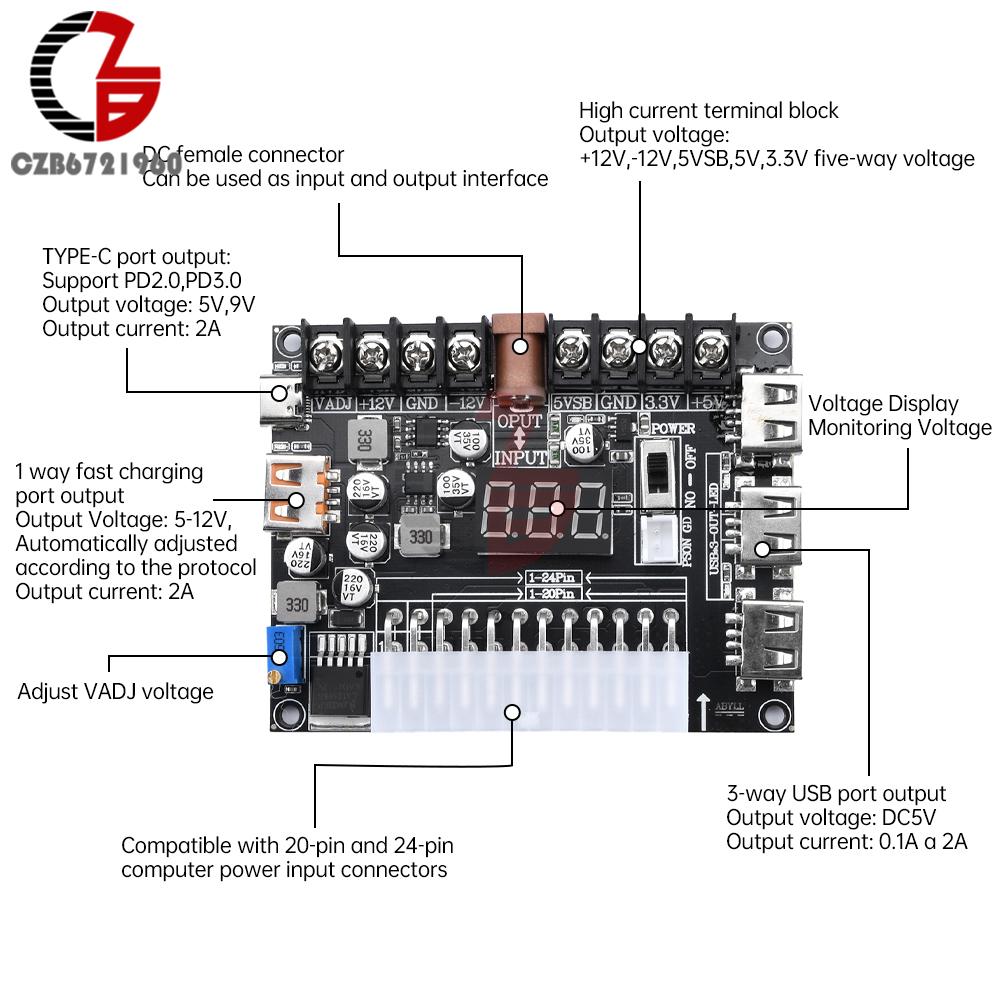 20Pin 24Pins ATX Power Adapter Board Acrylic Case Kit PD2.0 PD3.0 Adjustable Power Supply Breakout Board Power Connector Adapter