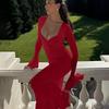 Deep V Horn Long Sleeve Fanny Pack Hip Pleats Pure Sexy Pure Wind Long Dress