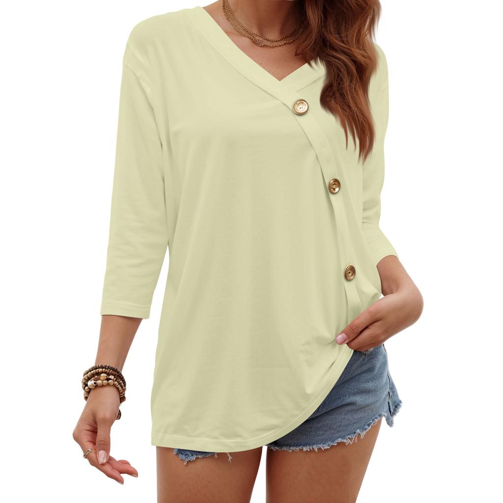 Women's Fashion Casual Three-quarter Sleeve Solid Color Button Round Neck Top