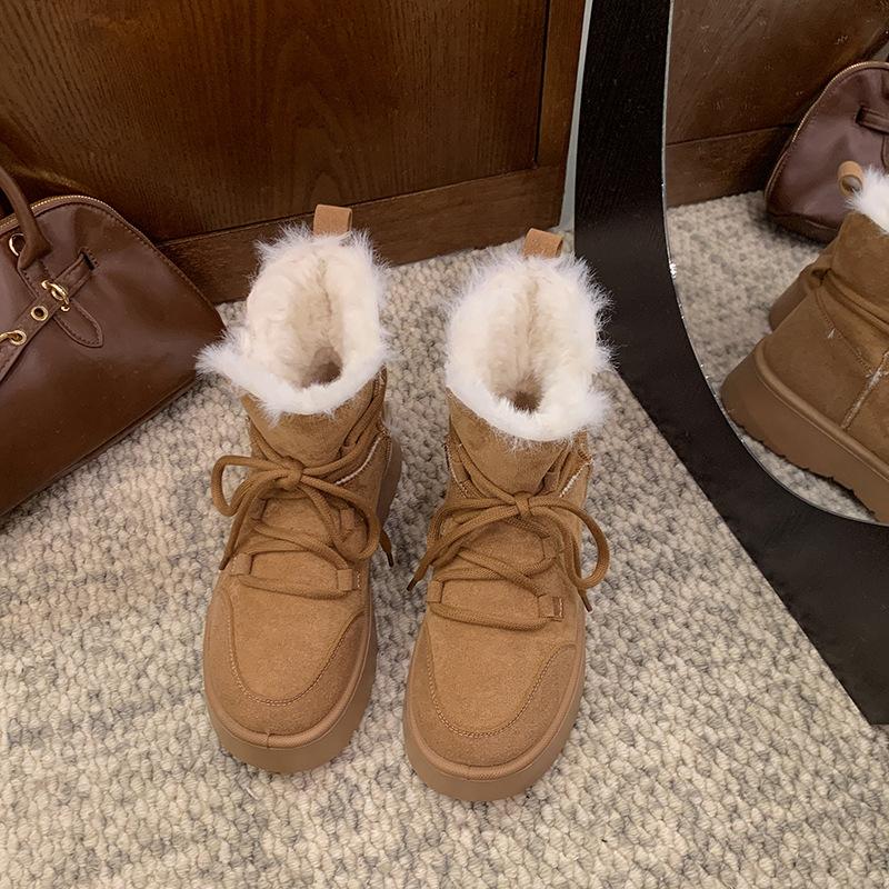 Women's one-step elastic thick sole winter fur one warm cold padded snow boots non-slip wear casual sports short cotton boots