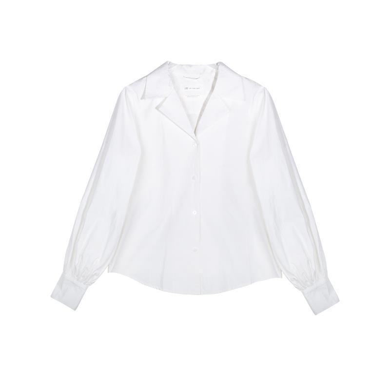 Women's French Retro V-Neck Lantern Sleeve Shirt in White - Spring/Autumn Long Sleeve Suit Collar Top