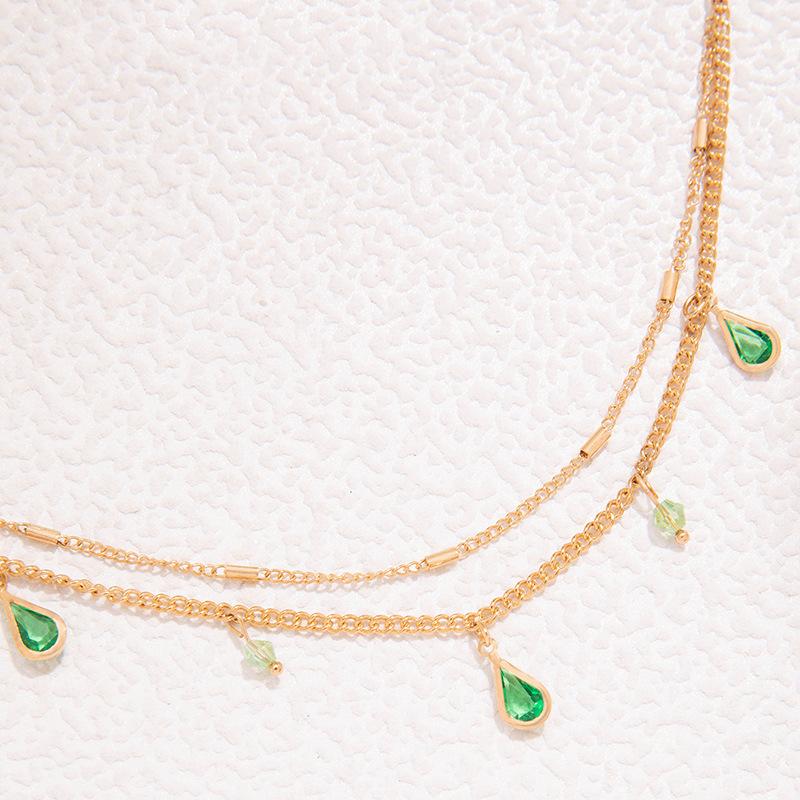 Simple and Stylish Green Diamond-encrusted Water Drop Necklace Alloy Chain Water Diamond Neck Chain