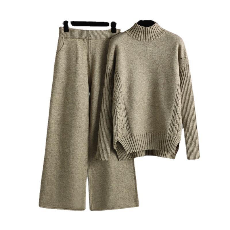 Autumn and winter new fashion sweater set drape knitted wide-leg pants two-piece set women's fashion trend