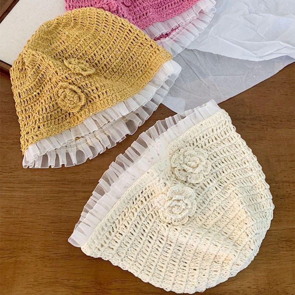 Hollow Out Lace Beanies Hat Glitter Sequin Knitted Hat Cute Crochet Flower Hat  Apparel Accessories