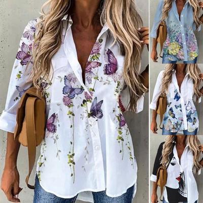 Damska koszula z nadrukiem motyla Wywinięty kołnierz Jednorzędowy artystyczny wiosenny top do noszenia na co dzień