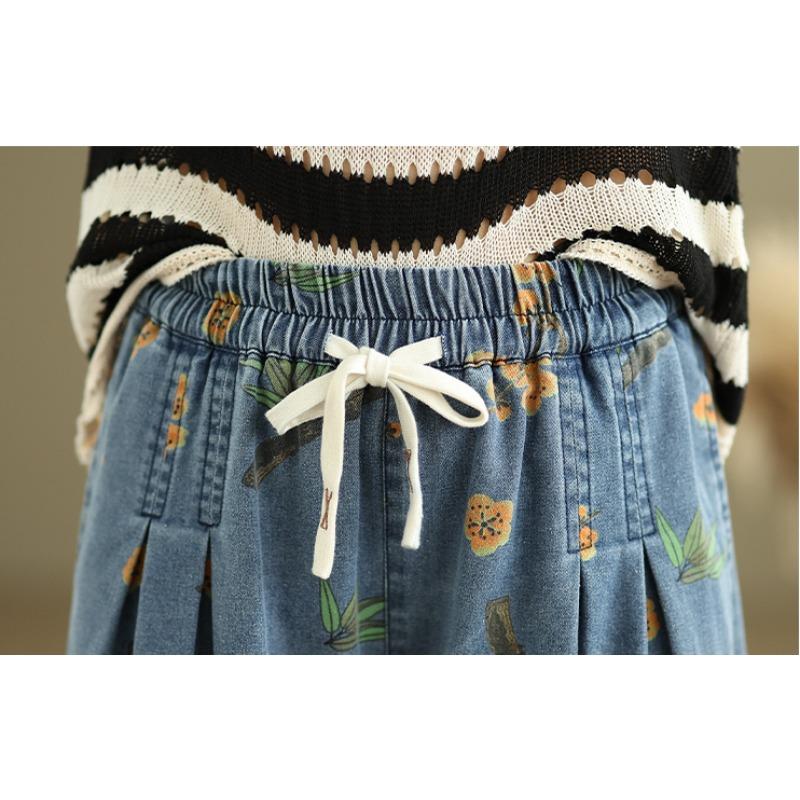 DIMANAF 2025 Sommer Übergröße Jeans Lange Hosen Damen Casual Hohe Taille Elastisch Basic Locker Floral Weitbeinige Hosen