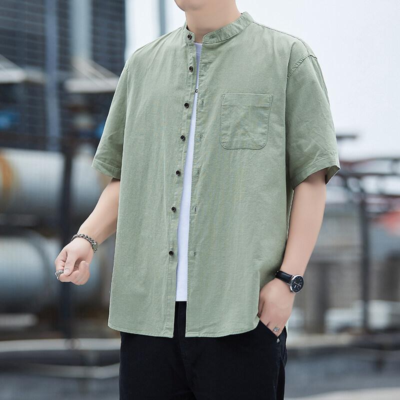 

2025 Summer Men Cotton Shirt Men Business Hawaiian Shirts Summer Men Loose Short Sleeve Dress Blouse Male Soild Color Shirts 4XL зелёный