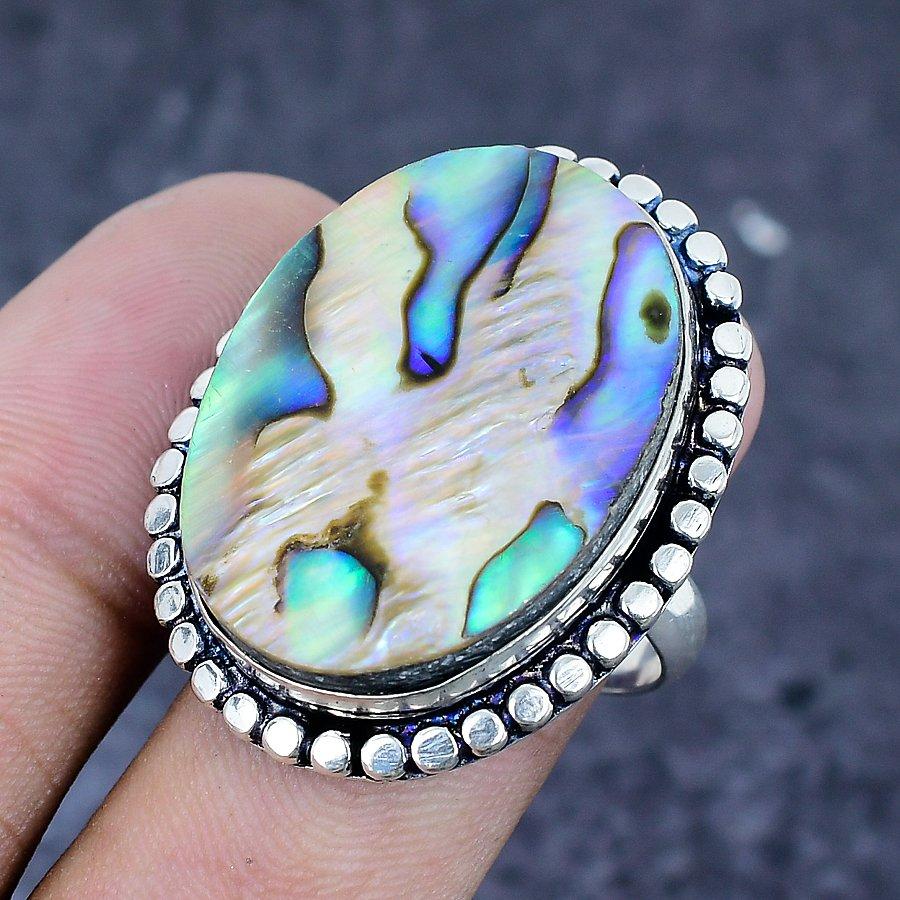 Natural Abalone Shell Gemstone 925 Sterling Silver Jewelry Ring Size 9.5 G6b28