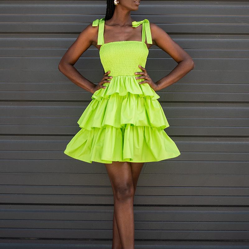 Spaghetti Strap High Waist Dress: Playful, Sweet, and Fashionable Solid Color Swing Skirt