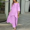 Moda Donna Casual Taglie Forti Set Irregolare Manica Lunga Pantaloni a Gamba Larga Completo Due Pezzi