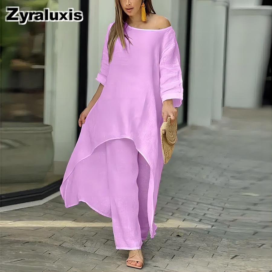 Moda Donna Casual Taglie Forti Set Irregolare Manica Lunga Pantaloni a Gamba Larga Completo Due Pezzi