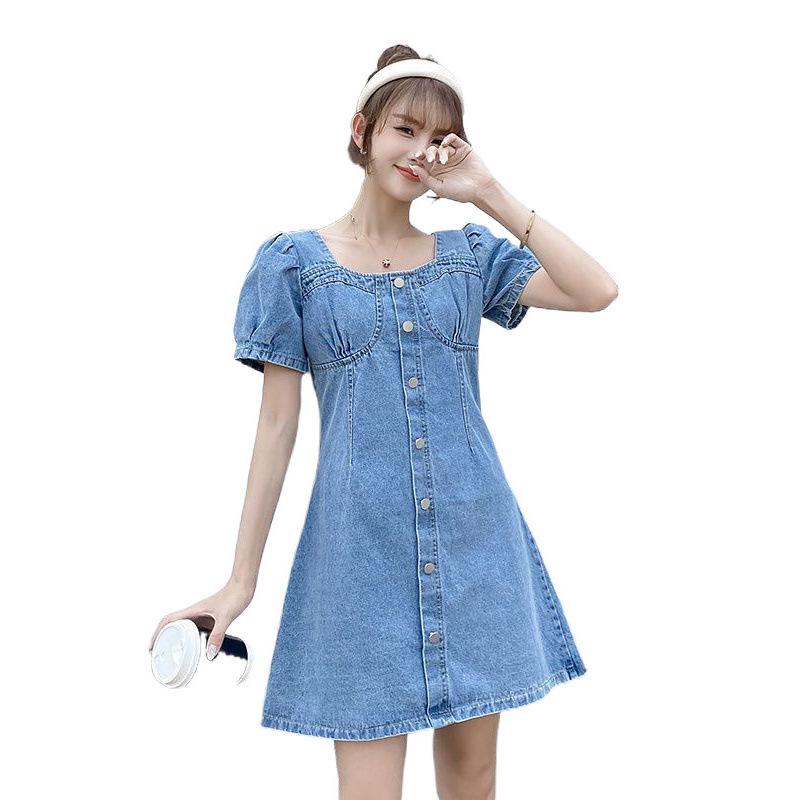 Women's Summer Bubble Sleeve Denim Dress - Age-Defying, Waist-Cinching, Slimming, Large Size.