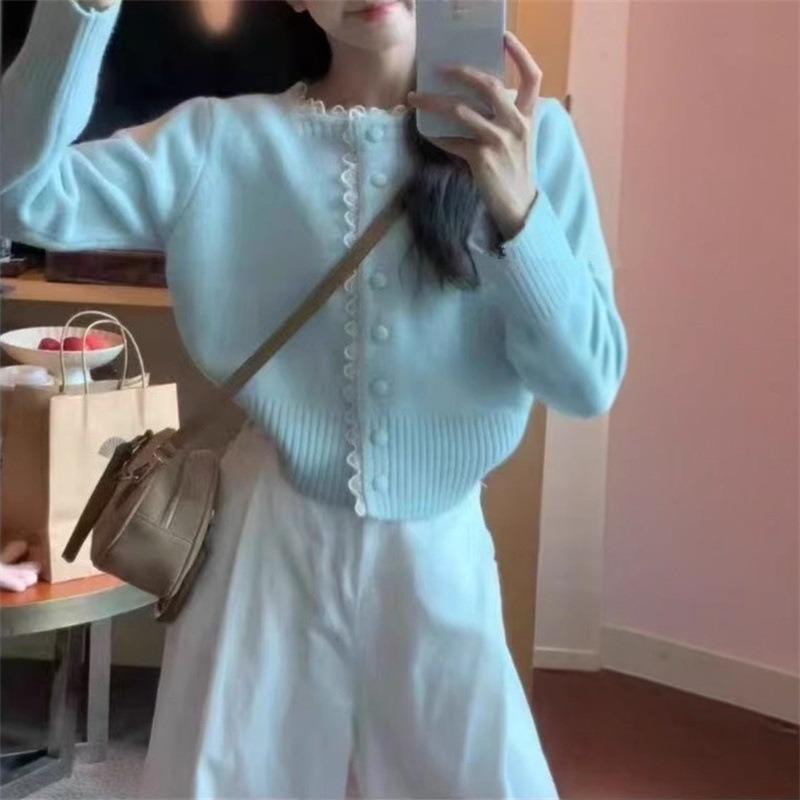 Crew neck sweater women's autumn new temperament lace knitted cardigan jacket top women