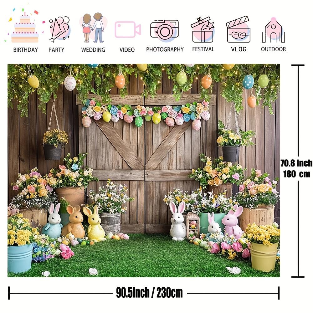 Happy Easter Backdrop Photography AI Scene Wooden House Flowers Rabbit Bunny Eggs Birthday Party Decor Baby Shower Background